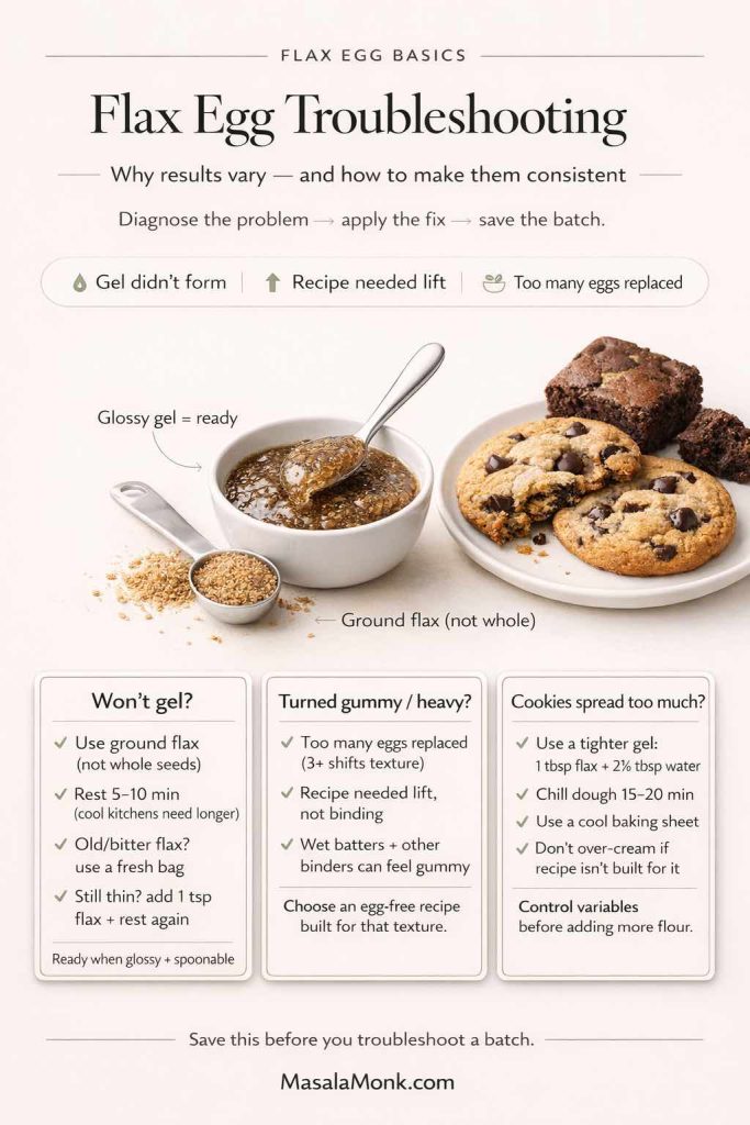 Vertical infographic titled “Flax Egg Troubleshooting: Why results vary — and how to make them consistent.” It shows a bowl of glossy flax egg gel with a spoon lift, a measuring spoon of ground flax labeled “Ground flax (not whole),” and a plate with cookies and brownie pieces. A strip lists three causes: gel didn’t form, recipe needed lift, too many eggs replaced. Three cards provide fixes: “Won’t gel?” (use ground flax, rest 5–10 min, use fresh flax, add 1 tsp flax and rest again), “Turned gummy/heavy?” (too many eggs replaced, recipe needed lift, wet batters/other binders), and “Cookies spread too much?” (tighter gel 1 tbsp flax + 2½ tbsp water, chill dough 15–20 min, cool baking sheet, don’t over-cream). Footer reads MasalaMonk.com.