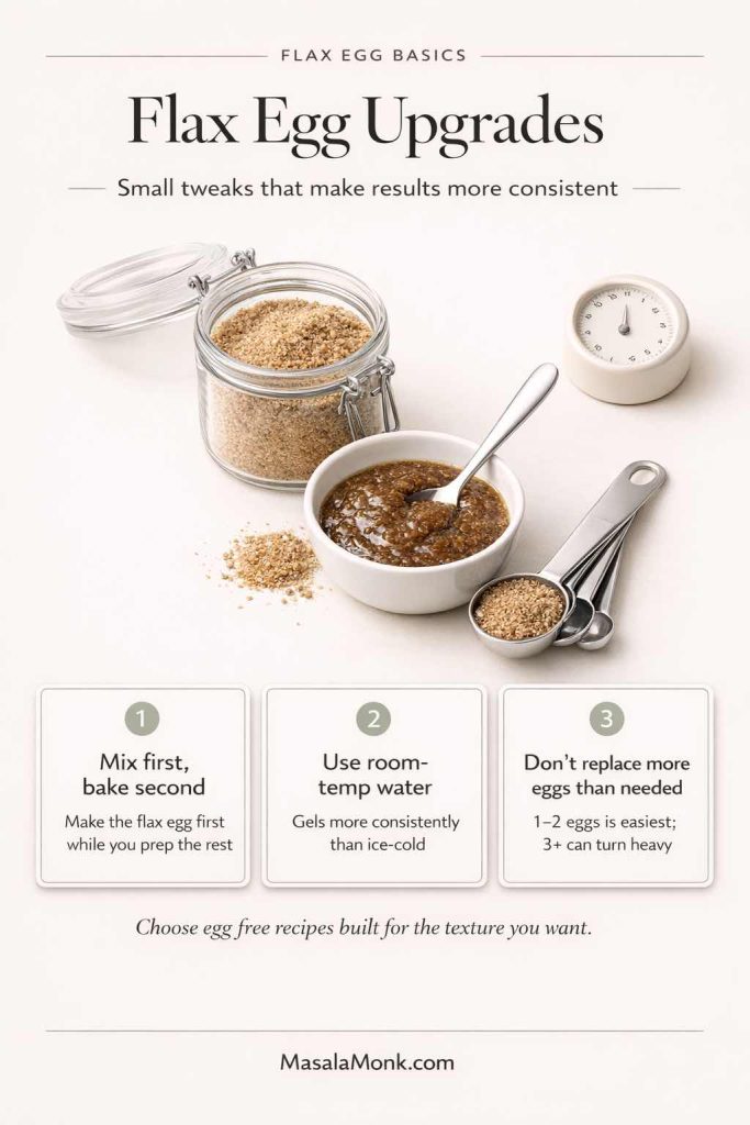 Vertical infographic titled “Flax Egg Upgrades” showing a jar of ground flaxseed meal, a bowl of flax egg gel with a spoon, a timer, and measuring spoons on a clean background. Three tip cards explain: mix the flax egg first while prepping ingredients, use room-temperature water so it gels consistently, and don’t replace more eggs than needed (1–2 eggs is easiest; 3+ can turn heavy). Includes the reminder “Choose egg-free recipes built for the texture you want” and MasalaMonk.com branding.