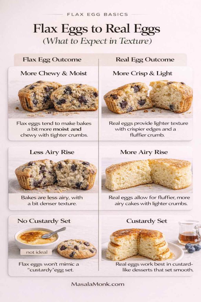Photorealistic infographic titled “Flax Eggs to Real Eggs (What to Expect in Texture)” comparing baking results. Left column shows flax egg outcome: more chewy and moist, less airy rise, and no custardy set. Right column shows real egg outcome: more crisp and light, more airy rise, and custardy set. Includes photos of muffins, cake, and custard-style desserts plus MasalaMonk.com branding.