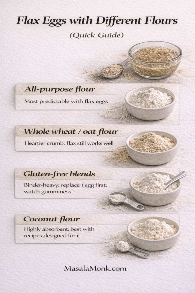 Photorealistic infographic titled “Flax Eggs with Different Flours (Quick Guide)” showing how flax eggs behave with common flours: all-purpose flour (most predictable), whole wheat or oat flour (heartier crumb), gluten-free blends (binder-heavy; replace 1 egg first and watch gumminess), and coconut flour (highly absorbent; best with recipes designed for it). Includes a bowl of flax egg gel and MasalaMonk.com branding.