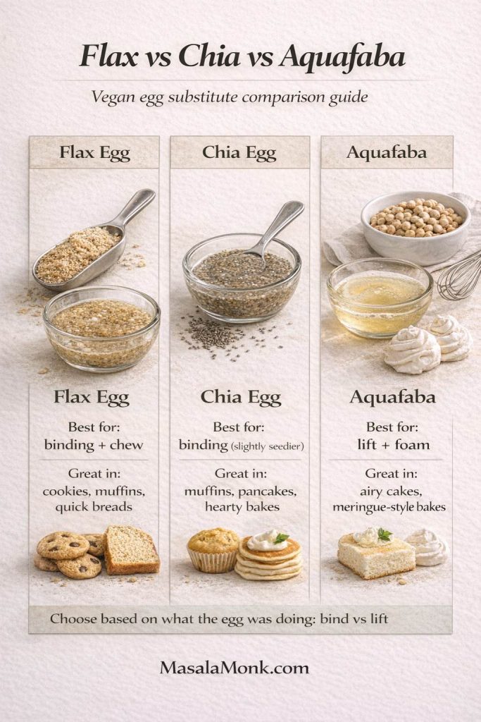 Photorealistic infographic titled “Flax vs Chia vs Aquafaba” comparing vegan egg substitutes. It shows flax egg as best for binding and chew (cookies, muffins, quick breads), chia egg as best for binding with a slightly seedier texture (muffins, pancakes, hearty bakes), and aquafaba as best for lift and foam (airy cakes, meringue-style bakes). Includes a reminder to choose based on whether the recipe needs binding or lift and MasalaMonk.com branding.