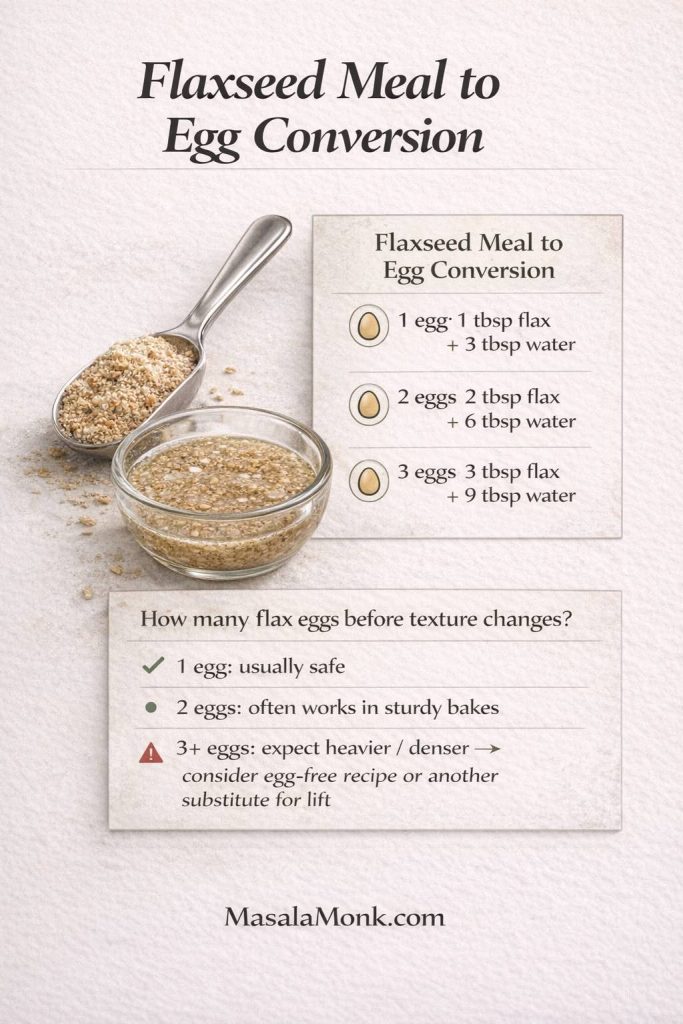 Photorealistic infographic titled “Flaxseed Meal to Egg Conversion” showing flax egg ratios for baking: 1 egg = 1 tbsp ground flaxseed + 3 tbsp water, 2 eggs = 2 tbsp flax + 6 tbsp water, and 3 eggs = 3 tbsp flax + 9 tbsp water. Includes guidance on how many flax eggs to use before texture changes: 1 egg usually safe, 2 eggs often works in sturdy bakes, 3+ eggs may turn heavier/denser.