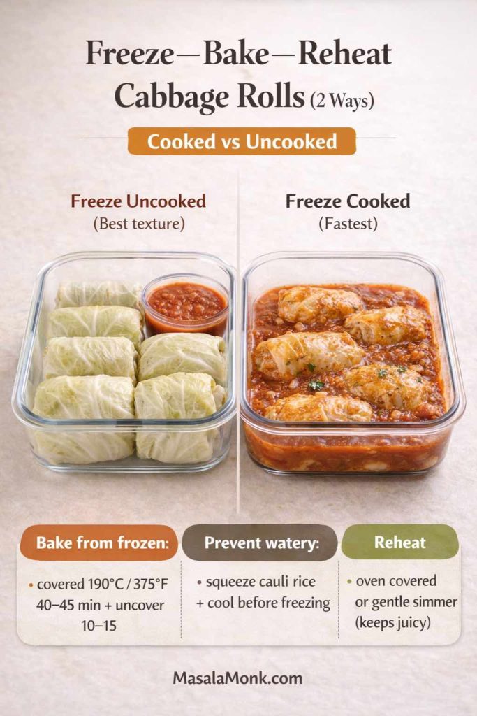 Infographic photo showing two glass meal-prep containers of cabbage rolls: left is “Freeze Uncooked (Best texture)” with raw cabbage rolls and a cup of sauce; right is “Freeze Cooked (Fastest)” with baked cabbage rolls in tomato sauce. Text overlay includes: “Bake from frozen: covered 190°C/375°F 40–45 min + uncover 10–15,” “Prevent watery: squeeze cauliflower rice + cool before freezing,” and “Reheat: oven covered or gentle simmer (keeps juicy).” MasalaMonk.com at bottom.