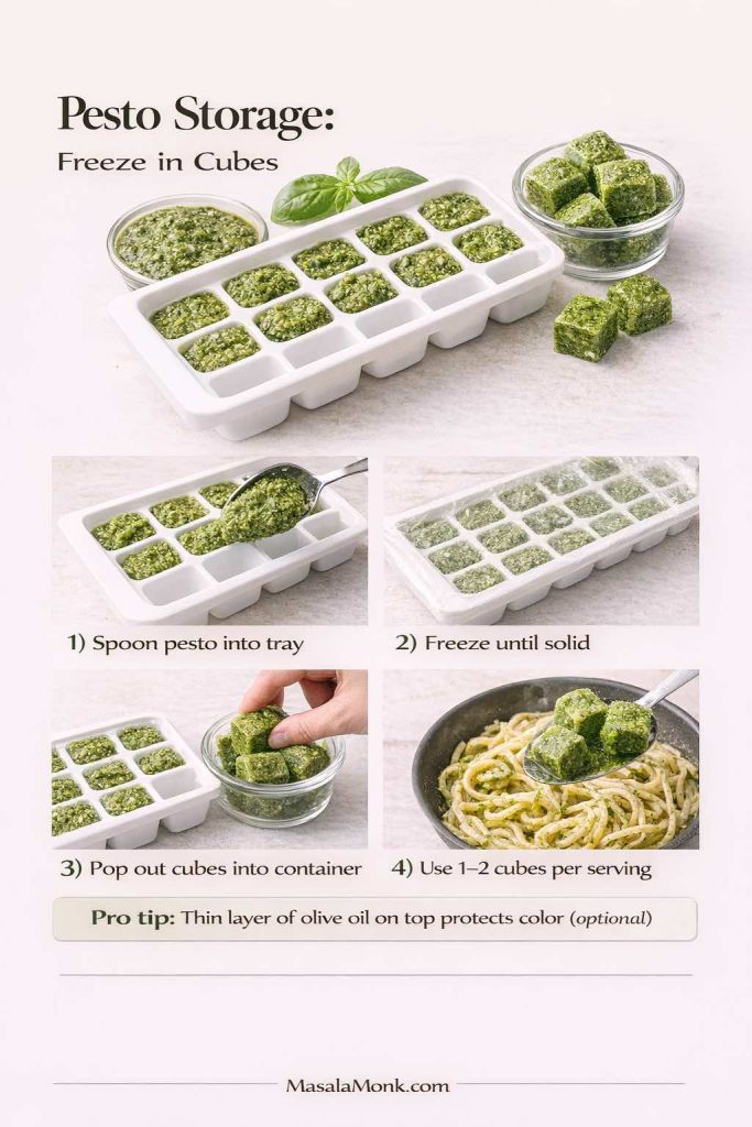 Step-by-step infographic titled “Pesto Storage: Freeze in Cubes” showing pesto spooned into an ice cube tray, frozen until solid, popped into a container, and added to hot pasta. Includes a pro tip that a thin layer of olive oil on top can help protect pesto color, and the footer MasalaMonk.com.
