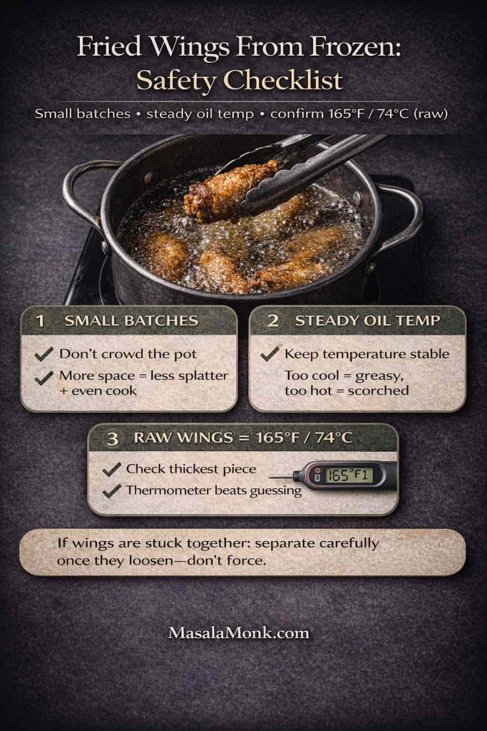 Fried wings from frozen safety checklist graphic: deep-frying pot with wings and tongs. Key tips: fry in small batches (don’t crowd—less splatter, more even cooking), keep oil temperature steady (too cool = greasy, too hot = scorched), and for raw wings confirm 165°F / 74°C in the thickest piece with a thermometer. Note: if wings are stuck together, separate gently once loosened.