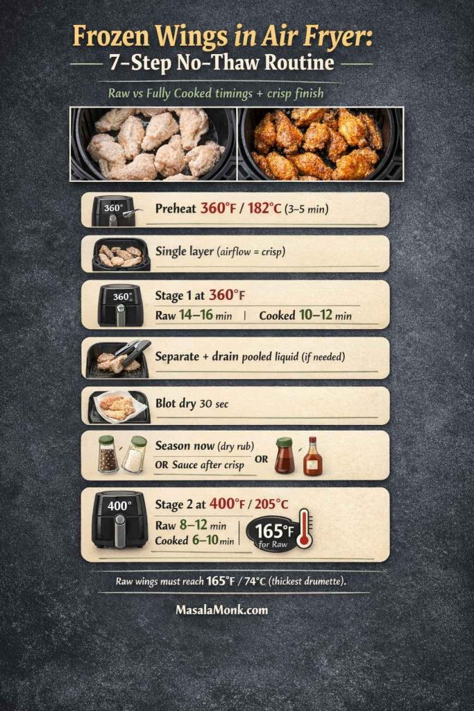 Infographic titled “Frozen Wings in Air Fryer: 7-Step No-Thaw Routine” showing raw vs fully cooked frozen wing timings. Steps: preheat 360°F/182°C for 3–5 minutes, cook in a single layer, Stage 1 at 360°F (raw 14–16 min, cooked 10–12 min), separate wings and drain liquid, blot dry 30 seconds, season now for dry rub or sauce after crisp, then Stage 2 at 400°F/205°C (raw 8–12 min, cooked 6–10 min). Raw wings must reach 165°F/74°C.