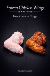 Split “before and after” cover image: a frosty frozen chicken wing on the left and a golden, crispy air-fried chicken wing on the right, separated by a thin vertical line on a smooth black background. Text overlay reads “Frozen Chicken Wings in Air Fryer” and “From Frozen → Crispy,” with “MasalaMonk.com” in the footer.