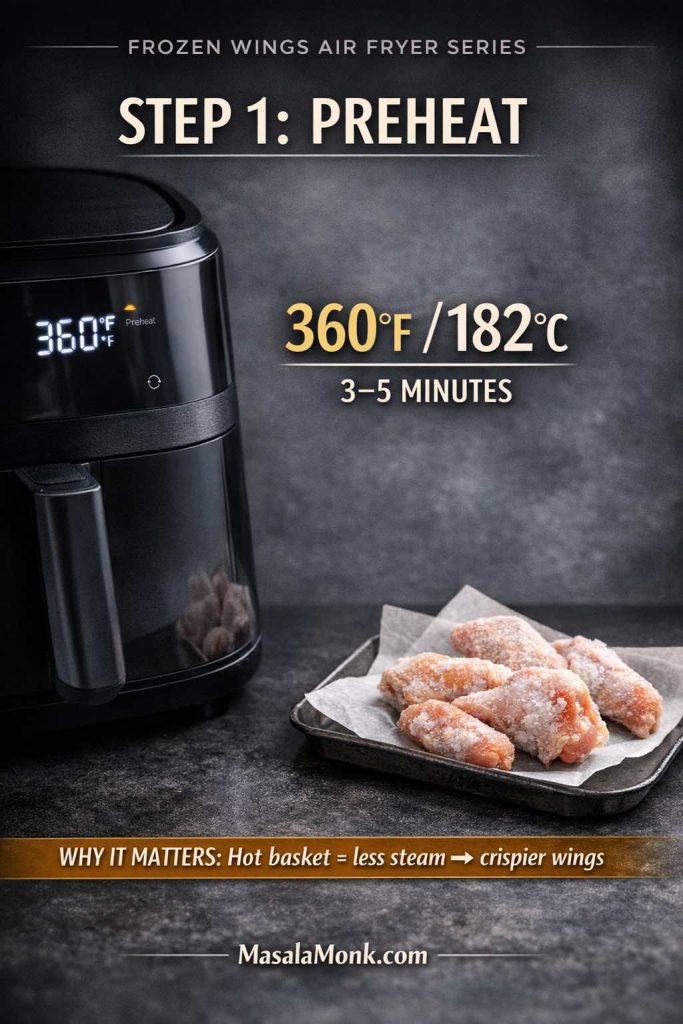 Step 1 graphic for frozen chicken wings in an air fryer: a black air fryer shows 360°F with “Preheat,” raw frozen wing sections sit on a tray, and the overlay reads “360°F / 182°C for 3–5 minutes” plus “Hot basket = less steam → crispier wings,” with MasalaMonk.com in the footer.
