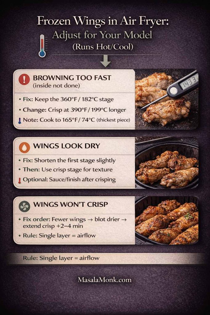 Vertical infographic: ‘Frozen Wings in Air Fryer—Adjust for Your Model (Runs Hot/Cool)’. Three fixes: (1) Browning too fast (inside not done): keep 360°F/182°C stage, crisp longer at 390°F/199°C; cook raw wings to 165°F/74°C. (2) Wings look dry: shorten first stage slightly, rely on crisp stage; sauce/finish after crisping. (3) Wings won’t crisp: fewer wings, blot drier, extend crisp +2–4 min; single layer = airflow. MasalaMonk.com footer.