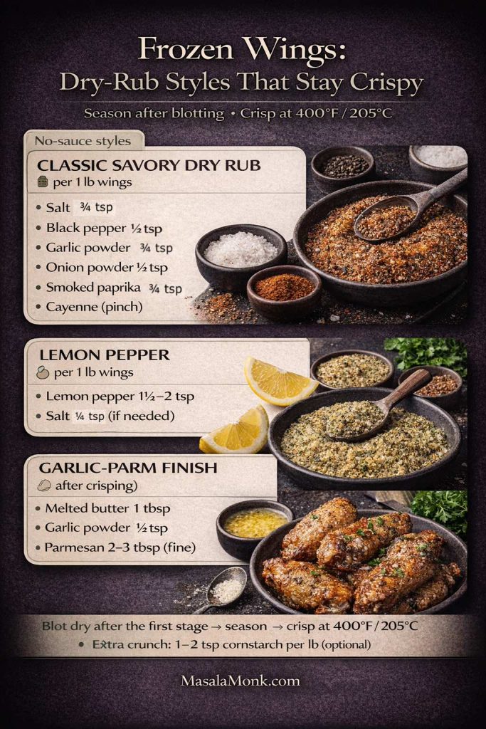 Vertical infographic titled “Frozen Wings: Dry-Rub Styles That Stay Crispy.” It says to season after blotting and crisp at 400°F / 205°C. It lists 3 no-sauce options per 1 lb wings: Classic savory dry rub (salt 3/4 tsp, black pepper 1/2 tsp, garlic powder 3/4 tsp, onion powder 1/2 tsp, smoked paprika 3/4 tsp, cayenne pinch), Lemon pepper (1 1/2–2 tsp plus optional salt), and Garlic-parm finish after crisping (butter, garlic powder, parmesan).