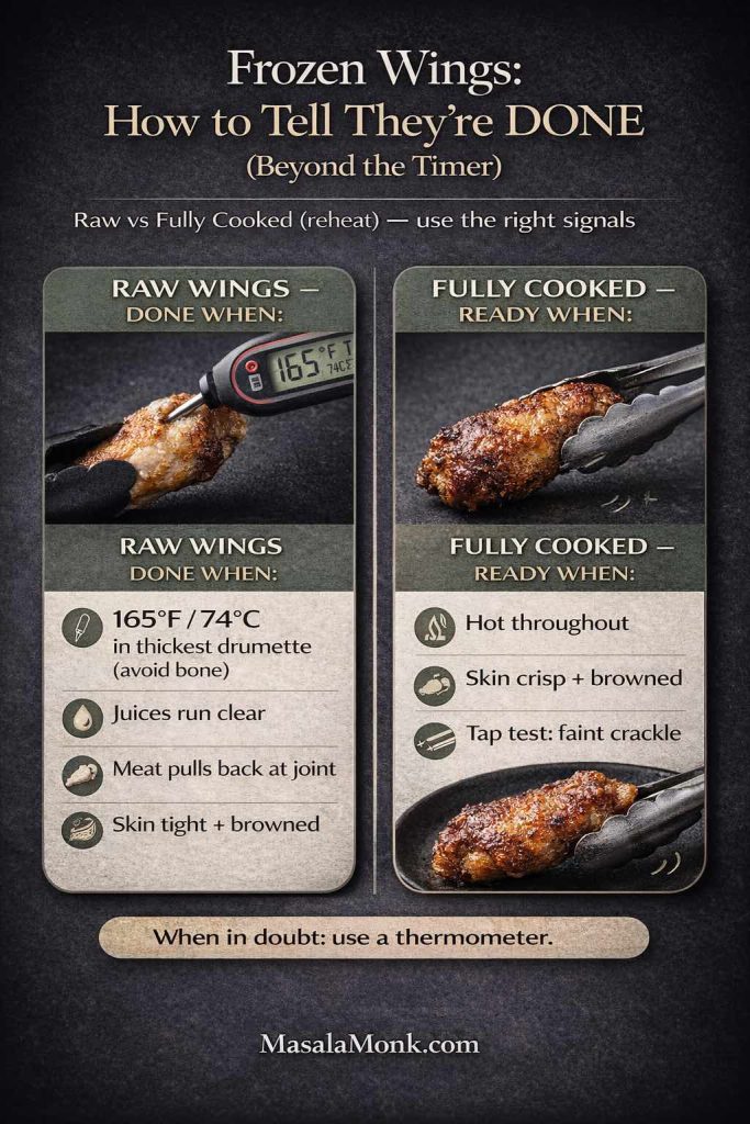 Portrait infographic titled “Frozen Wings: How to Tell They’re DONE (Beyond the Timer).” Two columns compare doneness signals for raw vs fully cooked frozen wings (reheat). Raw wings: thermometer reads 165°F/74°C in thickest drumette (avoid bone), juices run clear, meat pulls back at joint, skin tight and browned. Fully cooked wings: hot throughout, skin crisp and browned, tap test gives a faint crackle. Footer: MasalaMonk.com.