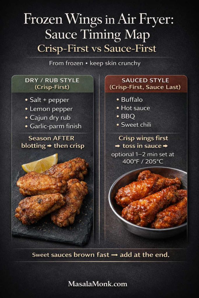 Infographic titled ‘Frozen Wings in Air Fryer: Sauce Timing Map: Crisp-First vs Sauce-First.’ Left panel: dry/rub style (crisp-first) with salt + pepper, lemon pepper, Cajun dry rub, garlic-parm finish; note says ‘Season AFTER blotting → then crisp.’ Right panel: sauced style (crisp-first, sauce last) with Buffalo, hot sauce, BBQ, sweet chili; note says crisp wings first, toss in sauce, optional 1–2 minutes at 400°F/205°C to set. Footer: MasalaMonk.com.