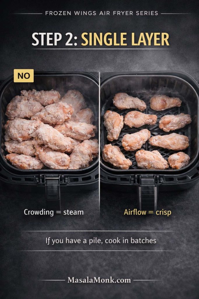 Split comparison photo of frozen chicken wings in an air fryer basket: left side shows wings piled/crowded with “NO” label and note “Crowding = steam”; right side shows wings spaced in a single layer with note “Airflow = crisp.” Headline reads “Step 2: Single Layer,” with tip “If you have a pile, cook in batches,” and MasalaMonk.com footer.