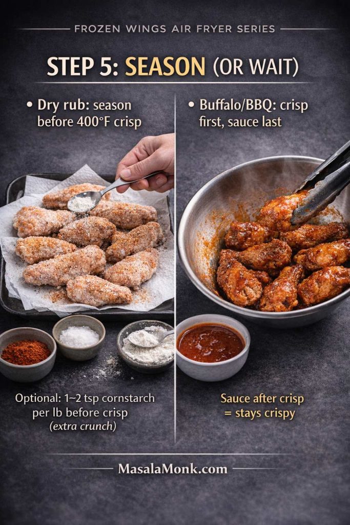 Step 5 seasoning guide for frozen chicken wings in an air fryer: split image shows wings being dusted with dry rub/cornstarch before the 400°F crisp stage on the left, and crispy wings being tossed in Buffalo/BBQ sauce after cooking on the right. Text highlights “season now for dry rub” and “crisp first, sauce last” for best crunch, with MasalaMonk.com footer.