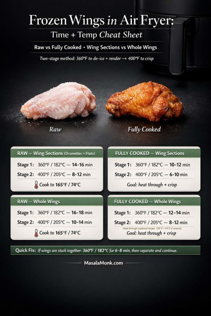 Frozen wings in air fryer time and temperature cheat sheet showing two-stage method: 360°F (182°C) then 400°F (205°C), with timings for raw vs fully cooked and wing sections vs whole wings, plus cook-to 165°F (74°C) note and quick fix for stuck wings. MasalaMonk.com