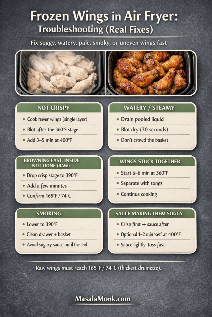 Infographic titled ‘Frozen Wings in Air Fryer: Troubleshooting (Real Fixes)’ with a top photo strip showing pale steamed wings vs browned crispy wings. Six tip boxes: Not Crispy (single layer, blot after 360°F stage, add 3–5 min at 400°F); Watery/Steamy (drain liquid, blot 30 sec, don’t crowd); Browning fast inside not done (raw) (390°F + time, confirm 165°F/74°C); Wings stuck together (start 6–8 min at 360°F, separate, continue); Smoking (390°F, clean basket, avoid sugary sauce); Sauce soggy (crisp first, optional 1–2 min set). Footer: MasalaMonk.com.