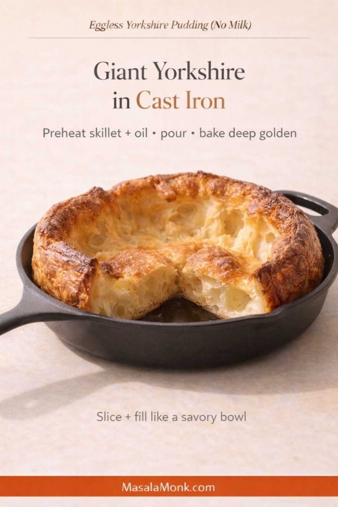 Giant eggless Yorkshire pudding baked in a cast iron skillet with a slice removed to show the hollow center and crisp edges; text overlay reads “Giant Yorkshire in Cast Iron” with tips to preheat skillet and oil, pour batter, and bake deep golden; MasalaMonk.com footer.