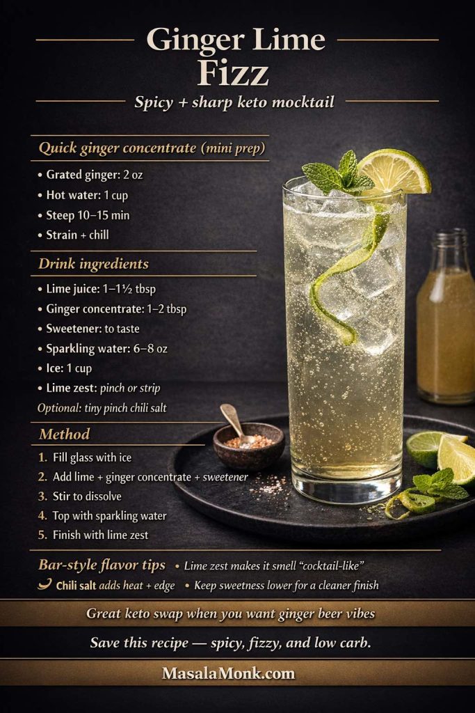 Dark luxury recipe-card infographic for a Ginger Lime Fizz keto mocktail, showing a sparkling lime and ginger drink with ice, mint, and lime garnish, plus a quick ginger concentrate prep, ingredients, method steps, and bar-style flavor tips for a low carb sugar free mocktail.