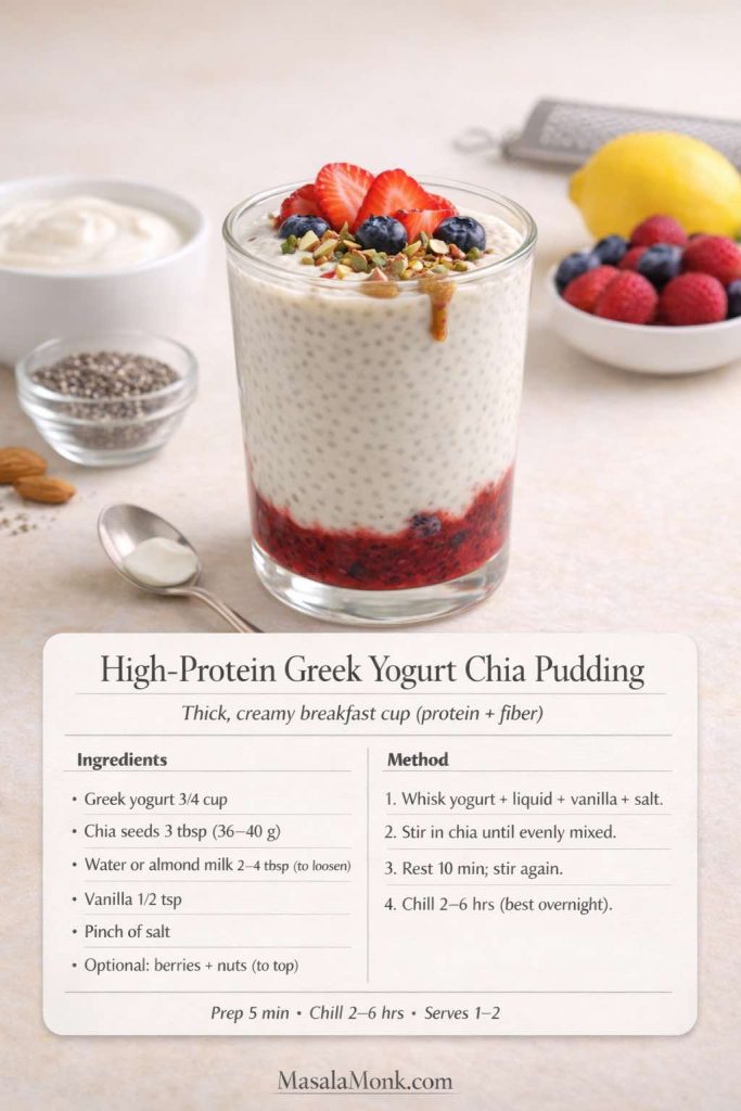 Recipe card image of high-protein Greek yogurt chia pudding in a glass with a berry compote layer, topped with strawberries, blueberries, chopped nuts, and a light nut-butter drizzle. The card lists ingredients and steps for a thick chia pudding with Greek yogurt, including the stir-twice method and chill time, styled as a meal-prep breakfast cup.