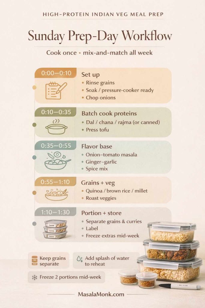 Vertical infographic titled “High-Protein Indian Veg Meal Prep: Sunday Prep-Day Workflow.” It shows a 1.5-hour prep schedule in five blocks: set up (rinse grains, soak/pressure cooker, chop onions), batch cook proteins (dal/chana/rajma, press tofu), flavor base (onion-tomato masala, ginger-garlic, spice mix), grains + veg (quinoa/brown rice/millet, roast veggies), portion + store (separate grains/curries, label, freeze extras). Tips: keep grains separate, add splash of water to reheat, freeze 2 portions mid-week. MasalaMonk.com in footer.