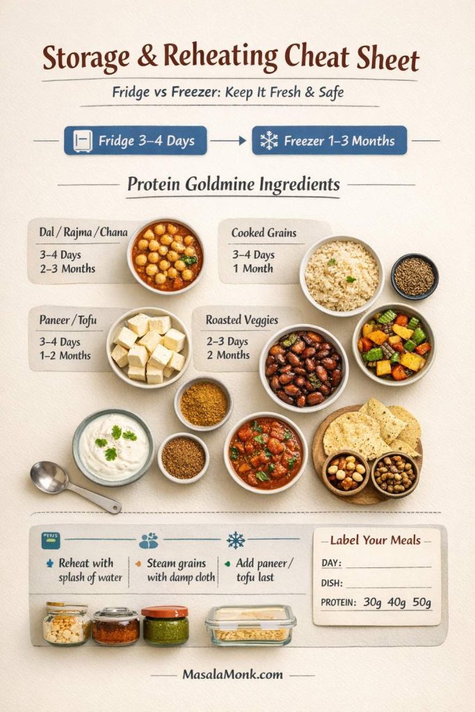 Storage & Reheating Cheat Sheet for high-protein Indian vegetarian meal prep showing fridge vs freezer guidance. Lists storage times for dal/rajma/chana, cooked grains, paneer/tofu, and roasted vegetables, plus reheating tips (add splash of water, steam grains, add paneer/tofu last) and a meal label box with 30g/40g/50g protein targets. MasalaMonk.com in footer.