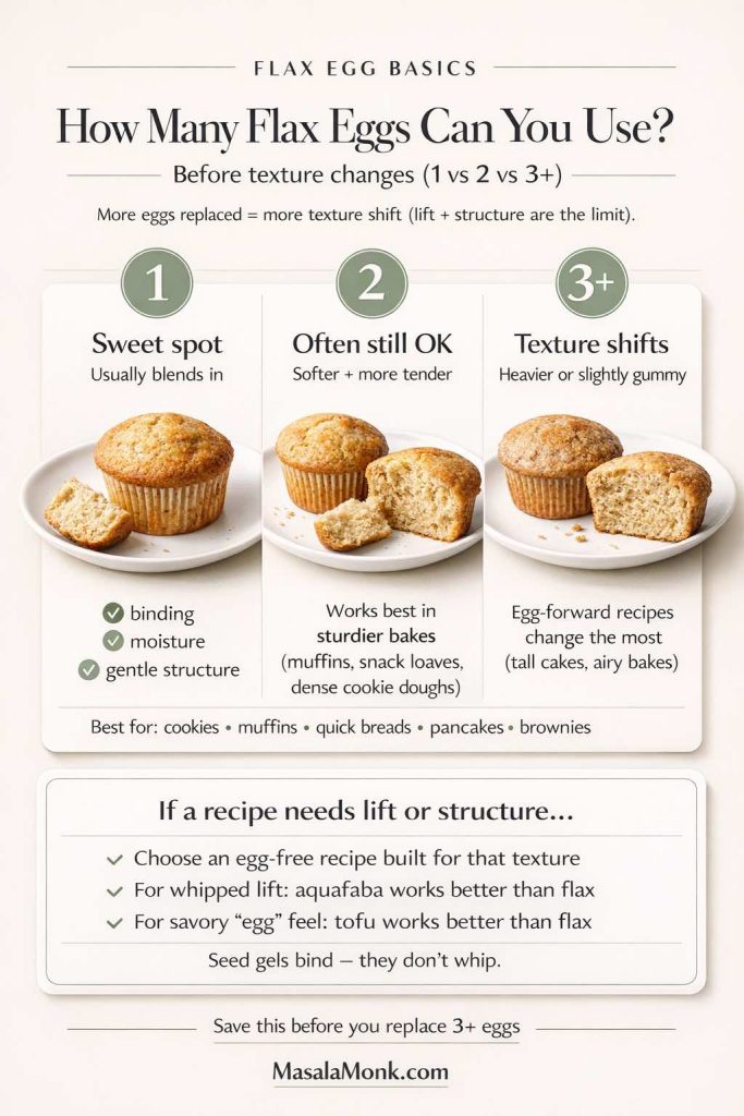 Vertical infographic titled “How Many Flax Eggs Can You Use?” with a 1 vs 2 vs 3+ comparison before texture changes. It shows muffins on plates for each level: 1 flax egg is the sweet spot (usually blends in) supporting binding, moisture, and gentle structure; 2 flax eggs are often still OK (softer and more tender) best in sturdier bakes like muffins, snack loaves, and dense cookie doughs; 3+ flax eggs cause texture shifts (heavier or slightly gummy) especially in egg-forward recipes like tall cakes and airy bakes. A box suggests: choose egg-free recipes for structure, use aquafaba for whipped lift, and tofu for savory “egg” feel. “Seed gels bind — they don’t whip.” MasalaMonk.com footer.