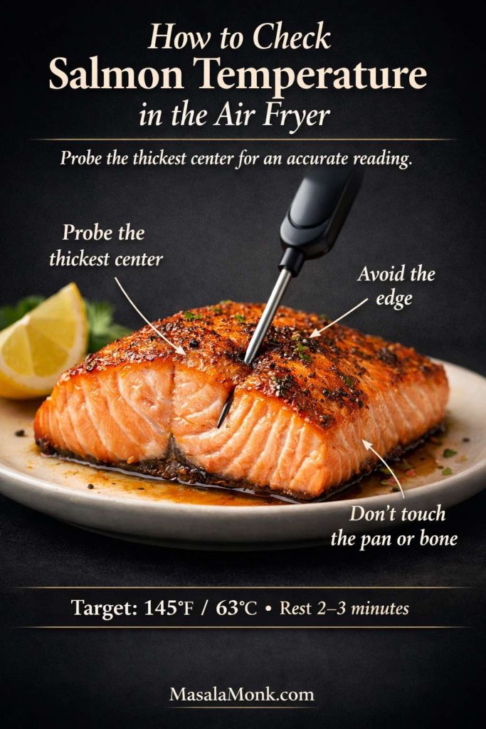 Air fryer salmon temperature guide showing a thermometer inserted into the thickest center of a cooked salmon fillet, with callouts for proper probe placement, avoiding the edge, and not touching the pan or bone, plus a 145°F / 63°C target.