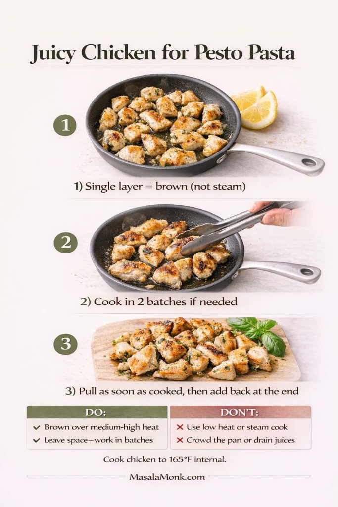 Infographic titled “Juicy Chicken for Pesto Pasta” showing three steps to keep chicken tender: brown chicken in a single layer, cook in two batches if needed, and remove as soon as cooked before adding back at the end. Includes a do/don’t box about avoiding steaming or crowding the pan and a note to cook chicken to 165°F internal.
