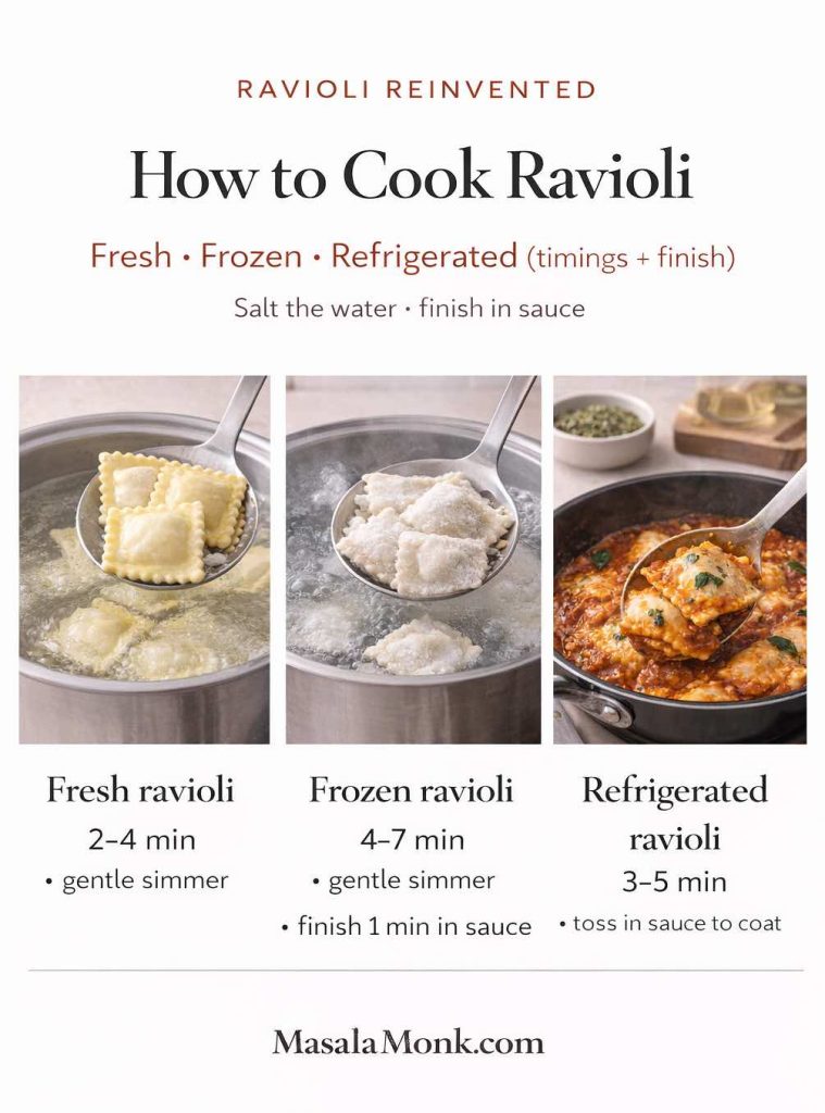 Infographic titled “How to Cook Ravioli” comparing fresh, frozen, and refrigerated ravioli with cooking times (2–4 min, 4–7 min, 3–5 min) and tips to simmer gently, salt the water, and finish ravioli in sauce; MasalaMonk.com shown in the footer.