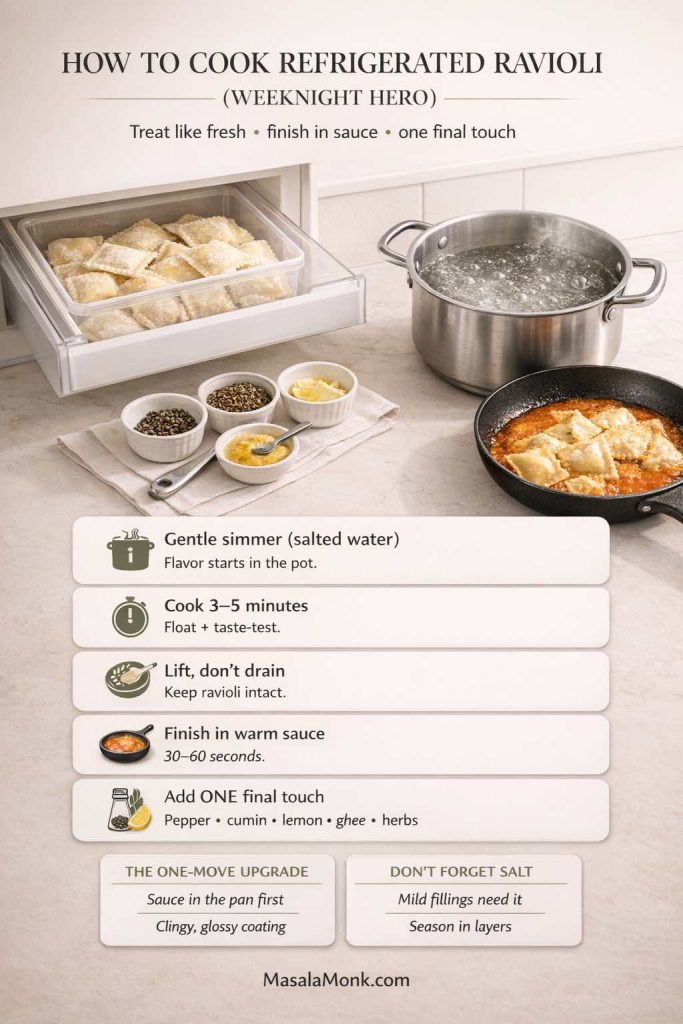 Infographic: “How to Cook Refrigerated Ravioli (Weeknight Hero)” showing refrigerated ravioli in a clear container, a pot at a gentle simmer, warm sauce in a skillet, and finishing elements (black pepper, toasted cumin, lemon, spiced ghee). Steps: simmer in salted water, cook 3–5 minutes, lift don’t drain, finish in sauce 30–60 sec, add one final touch. MasalaMonk.com.