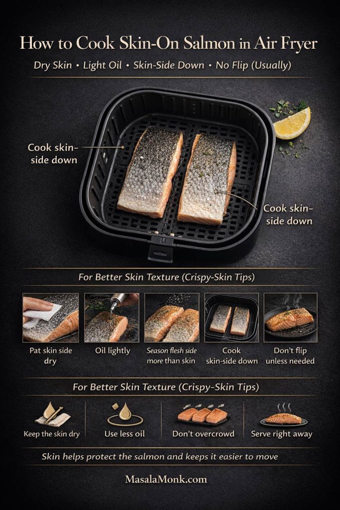 How to cook skin-on salmon in air fryer infographic showing skin-on salmon fillets placed skin-side down in an air fryer basket with crispy-skin tips including pat skin dry, oil lightly, season flesh side more than skin, avoid overcrowding, and serve right away.