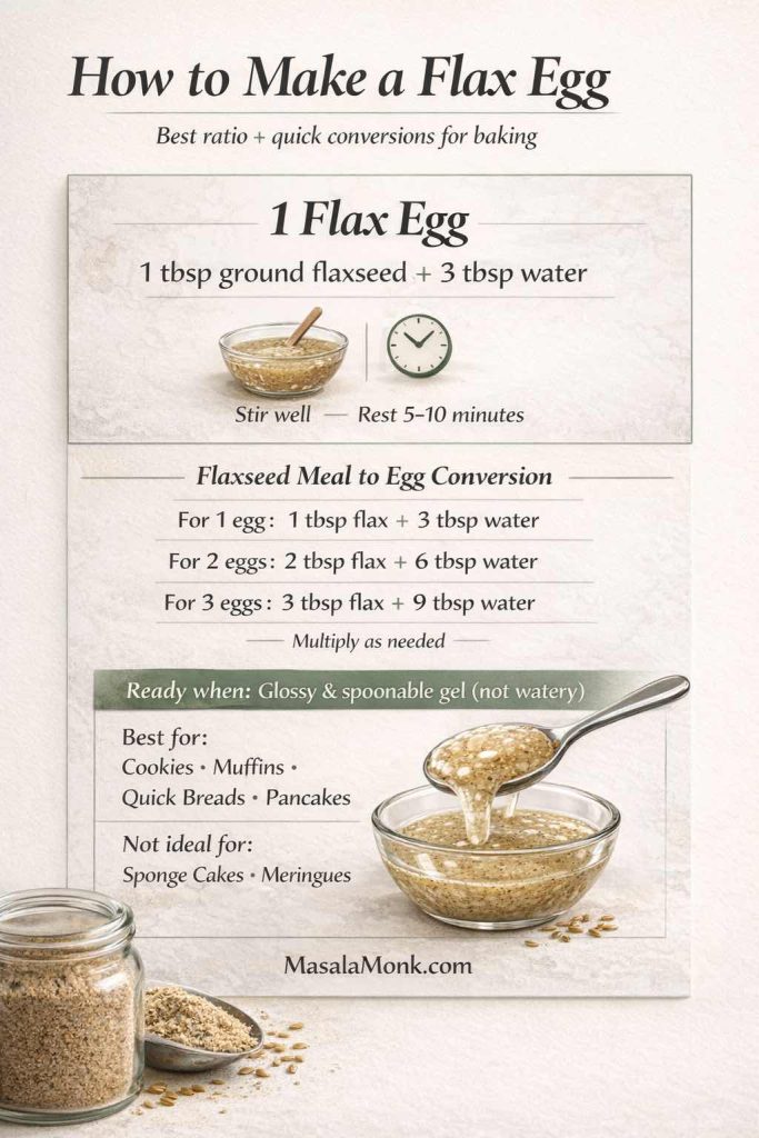 Photorealistic infographic showing how to make a flax egg: mix 1 tablespoon ground flaxseed with 3 tablespoons water, stir well, and rest 5–10 minutes until a glossy, spoonable gel forms. Includes flaxseed meal to egg conversion for 1, 2, and 3 eggs and notes best uses like cookies, muffins, quick breads, and pancakes.
