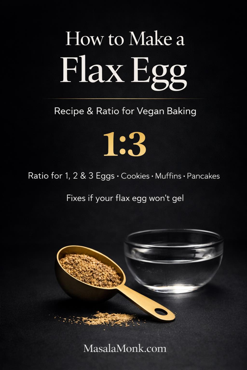 Magazine-style cover for “How to Make a Flax Egg” showing the flax egg recipe and ratio for vegan baking, including 1–3 egg conversions, best uses for cookies, muffins, and pancakes, plus fixes if a flax egg won’t gel, with MasalaMonk.com in the footer.