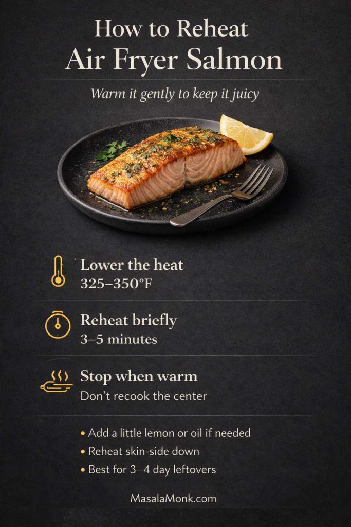 How to reheat air fryer salmon infographic showing leftover salmon reheating steps, including 325–350°F, 3–5 minutes, and tips to keep salmon juicy without drying out.