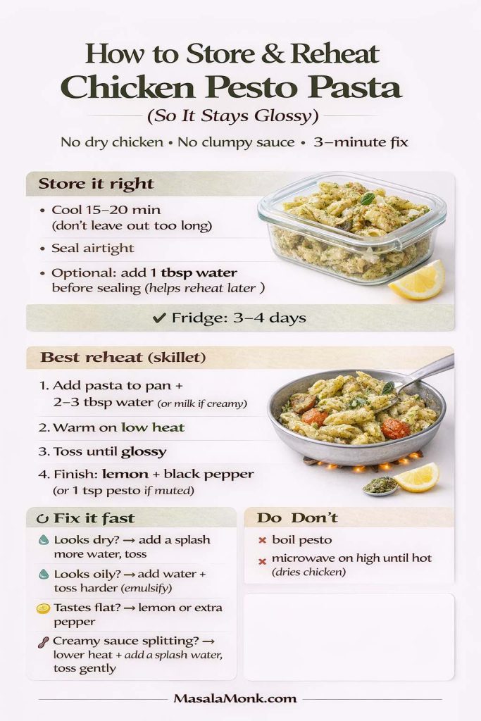 Infographic titled “How to Store & Reheat Chicken Pesto Pasta (So It Stays Glossy)” showing storage steps, fridge time (3–4 days), the best skillet reheat method with added water or milk for creamy versions, quick fixes for dry or oily sauce, and do/don’t tips like avoiding boiling pesto and microwaving on high.