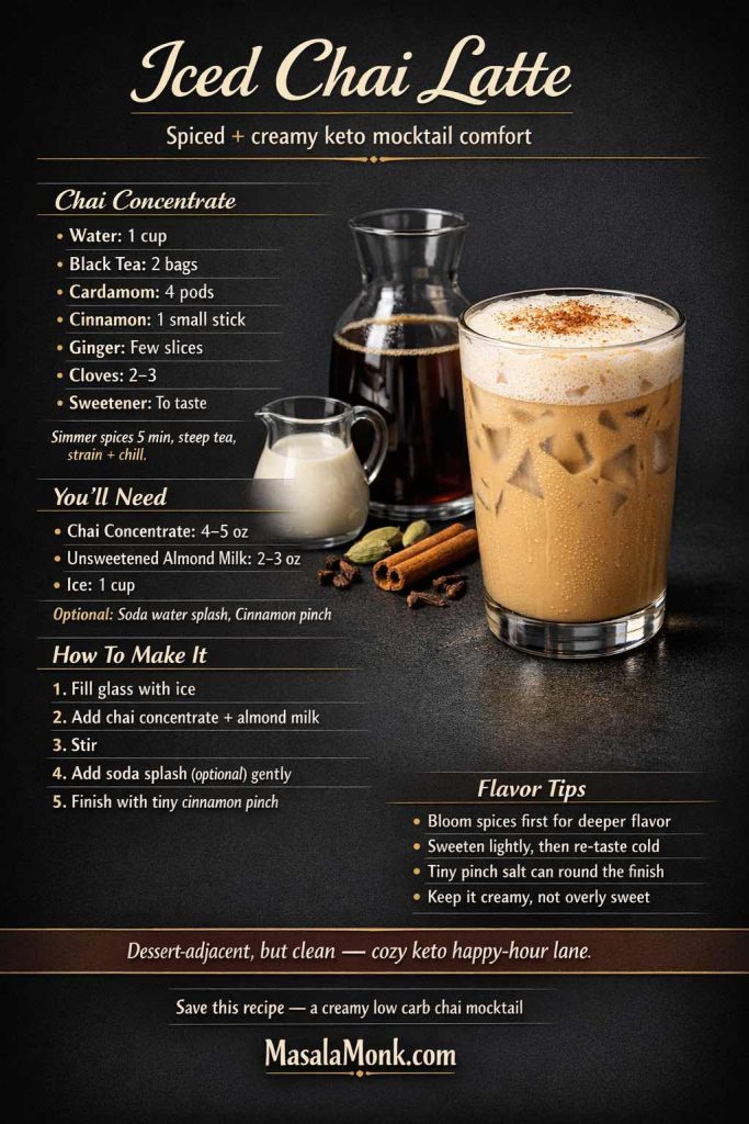 Dark luxe recipe-card infographic for an Iced Chai Latte keto mocktail, showing a creamy iced chai drink in a tall glass with mint and lemon garnish, plus chai concentrate ingredients, almond milk, method steps, and flavor notes for a low carb sugar free mocktail.