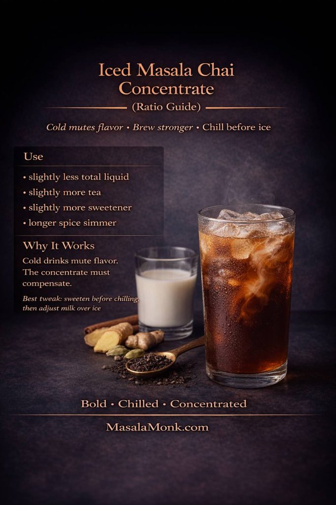 Iced masala chai concentrate ratio guide card in a dark luxe style showing a tall glass of iced chai with ice, a small glass of milk, ginger, cardamom, cinnamon, and tea leaves, plus a ratio panel explaining stronger brew adjustments for iced masala chai.