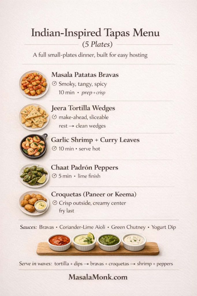 Menu-style infographic titled “Indian-Inspired Tapas Menu (5 Plates)” listing masala patatas bravas, jeera tortilla wedges, garlic shrimp with curry leaves, chaat padrón peppers, and croquetas (paneer or keema), with quick notes like make-ahead, serve hot, lime finish, and fry last. Includes a sauce row (bravas, coriander-lime aioli, green chutney, yogurt dip) and a “serve in waves” order. MasalaMonk.com footer.