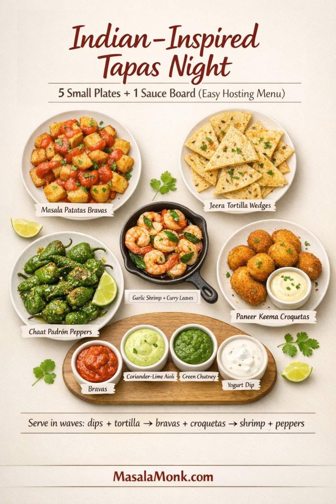Overhead tapas spread showing Indian-inspired Spanish small plates: masala patatas bravas, jeera tortilla wedges, garlic shrimp with curry leaves, chaat padrón peppers, and paneer-keema croquetas with dips. A four-sauce board includes bravas sauce, coriander-lime aioli, green chutney, and yogurt dip, with a “serve in waves” hosting note and MasalaMonk.com footer branding.