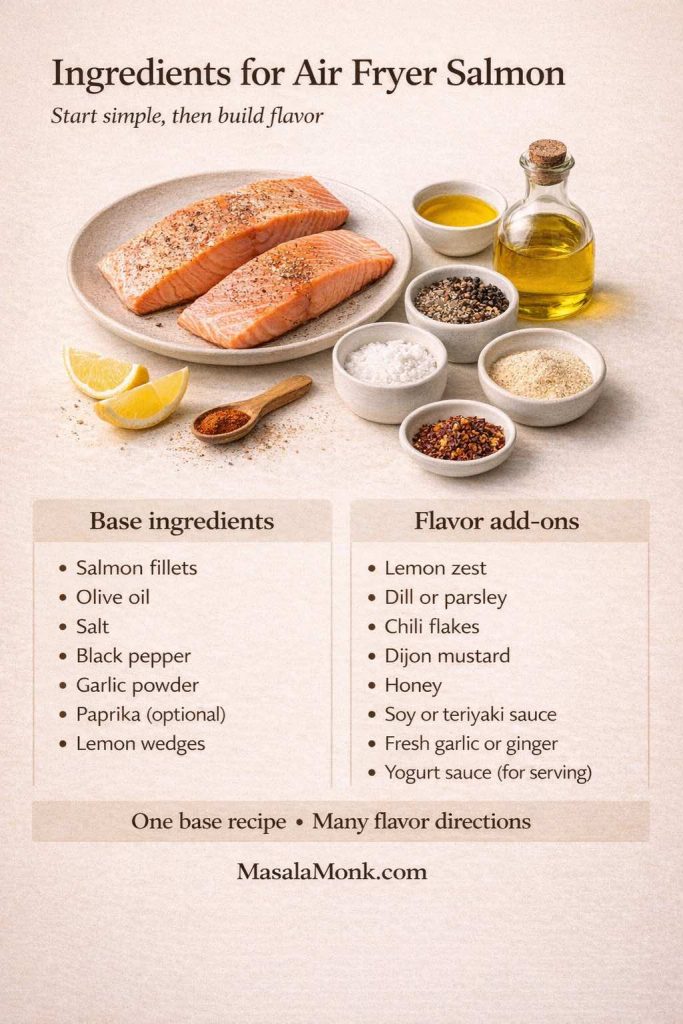 Ingredients for air fryer salmon, organized into a simple base list and easy flavor add-ons. Start with salmon fillets, olive oil, salt, pepper, garlic powder, paprika, and lemon, then branch into variations with dill, chili flakes, Dijon, honey, teriyaki, garlic, ginger, or a yogurt sauce for serving—same method, different flavor direction.