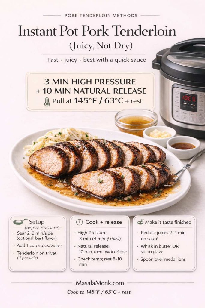 Instant Pot pork tenderloin sliced on a white plate with juices, shown beside an Instant Pot. Overlay text explains: 3 minutes high pressure + 10 minutes natural release, pull at 145°F/63°C and rest. Bottom cards outline setup (optional sear, add 1 cup liquid, trivet), cook + release steps, and reducing juices into a quick sauce.