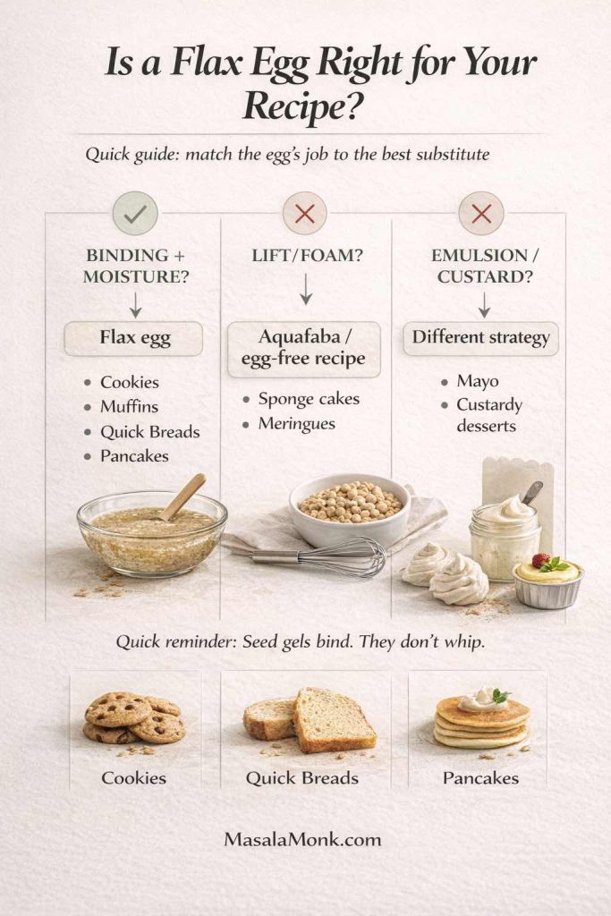 Photorealistic infographic titled “Is a Flax Egg Right for Your Recipe?” showing how to choose an egg substitute based on the egg’s job. It recommends a flax egg for binding and moisture (cookies, muffins, quick breads, pancakes), aquafaba or an egg-free recipe for lift/foam (sponge cakes, meringues), and a different strategy for emulsion or custard-style recipes (mayo, custardy desserts).