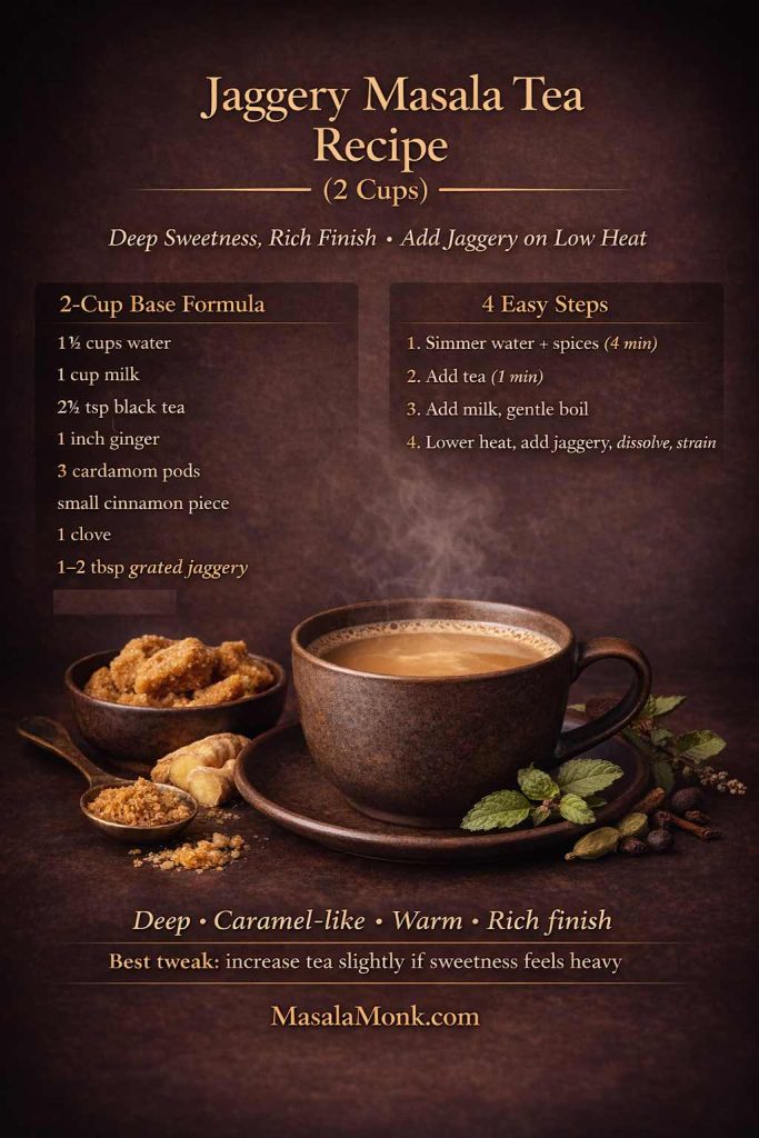 Jaggery masala tea recipe card in a dark luxe editorial style showing a steaming cup of chai with jaggery, ginger, cardamom, and spices, plus a 2-cup ingredient formula and 4-step stovetop method with a key tip to add jaggery on low heat.