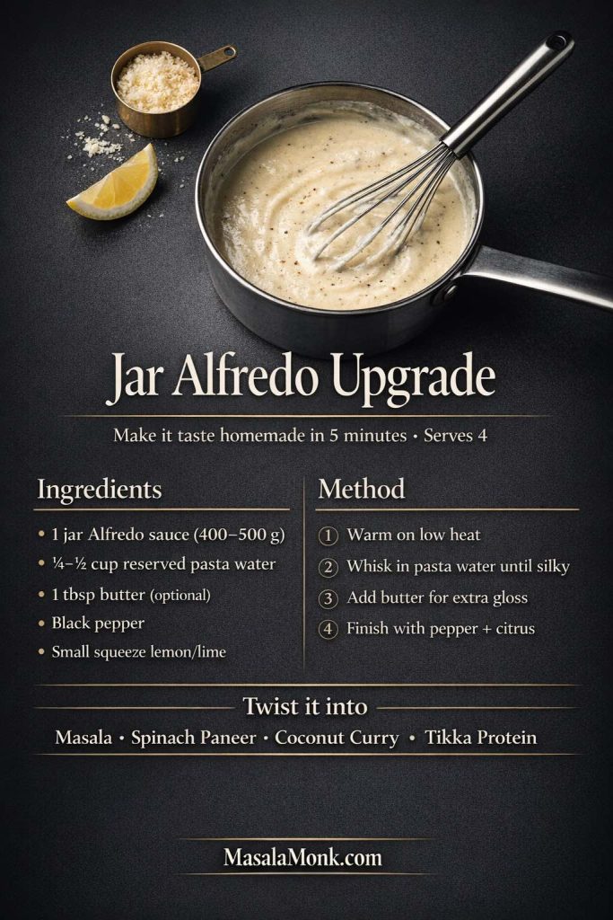 Dark luxe infographic showing how to upgrade jar Alfredo sauce to taste homemade in 5 minutes using reserved pasta water, black pepper, a small squeeze of lemon or lime, and optional butter, with a “twist it into” list for masala, spinach paneer, coconut curry, or tikka-style versions.