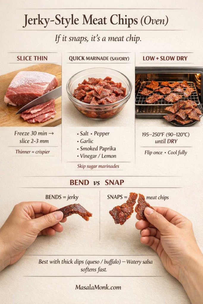Infographic showing how to make jerky-style meat chips in the oven: freeze lean beef 30 minutes and slice 2–3 mm thin, marinate with salt, pepper, garlic, smoked paprika, and vinegar/lemon, then dry low and slow at 90–120°C (195–250°F). Includes a ‘bend vs snap’ test—bends = jerky, snaps = meat chips—and notes they’re best with thick dips.