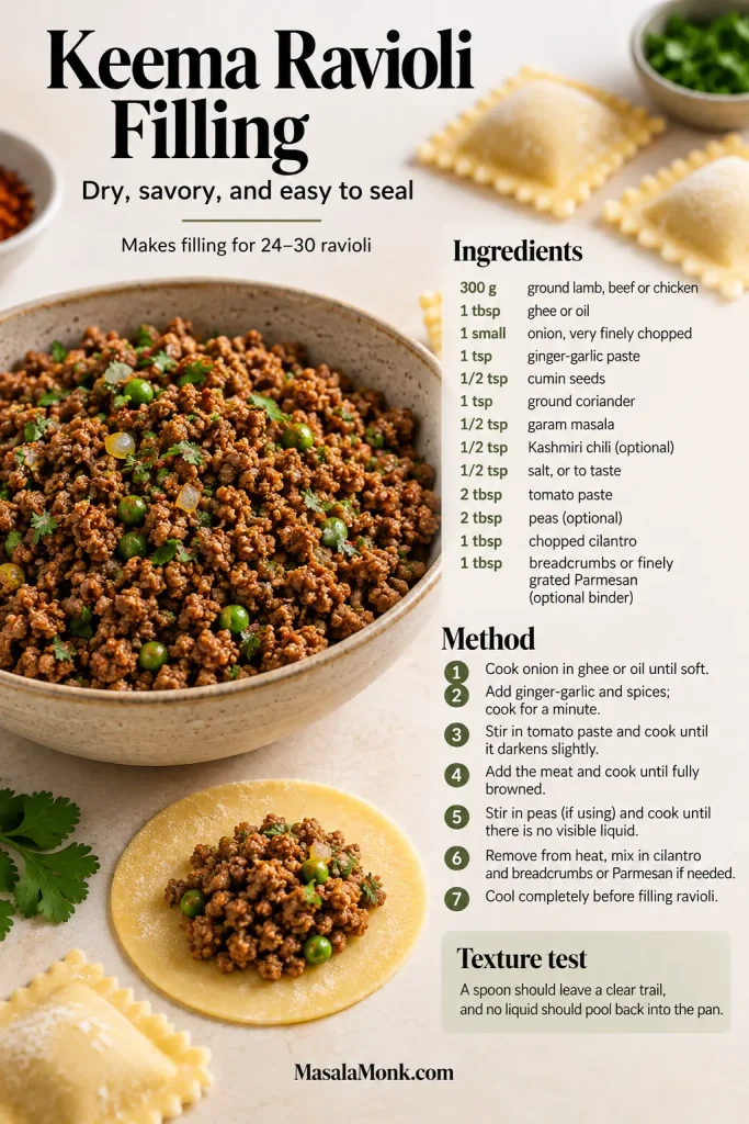 Keema ravioli filling guide with dry spiced minced meat, filled ravioli wrappers, ingredients, method and texture check.