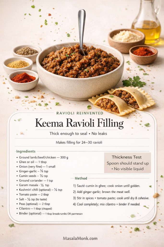Recipe card titled “Keema Ravioli Filling” showing a bowl of spiced keema beside cut ravioli, with ingredients, method, and a thickness test (“spoon should stand up, no visible liquid”) plus MasalaMonk.com footer.