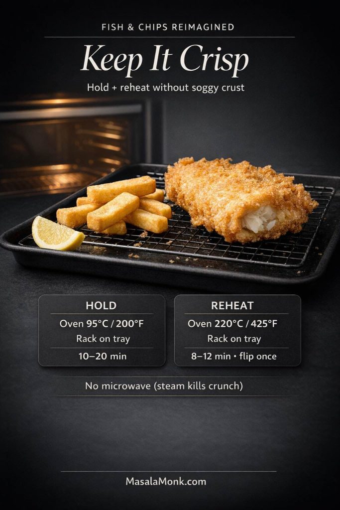 Dark, premium guide card titled “Keep It Crisp” for fish and chips. A crispy fried fish fillet and thick British chips sit on a wire rack over a sheet pan near an open oven, with a lemon wedge. Text overlay shows: HOLD—Oven 95°C/200°F, rack on tray, 10–20 min; REHEAT—Oven 220°C/425°F, rack on tray, 8–12 min, flip once; “No microwave (steam kills crunch).” MasalaMonk.com footer.