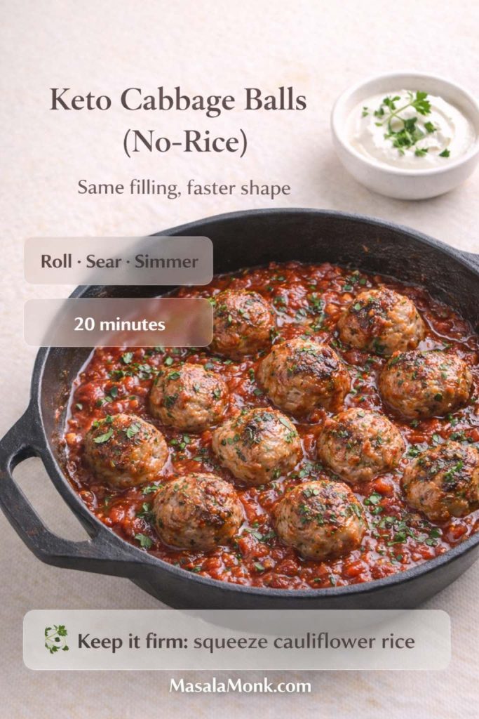Keto cabbage balls (no-rice) simmering in chunky garlic-paprika tomato sauce in a cast-iron skillet, with a small bowl of sour cream on the side. Text overlay reads ‘Keto Cabbage Balls (No-Rice)’, ‘Same filling, faster shape’, ‘Roll • Sear • Simmer’, ‘20 minutes’, and ‘Keep it firm: squeeze cauliflower rice’. MasalaMonk.com at bottom.