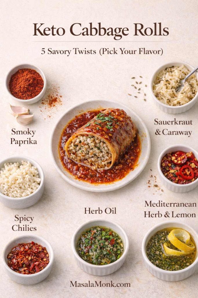 Keto cabbage rolls in garlic-paprika tomato sauce with “5 savory twists” flavor picker: smoky paprika, spicy chilies, sauerkraut & caraway, Mediterranean herb & lemon, and herb oil, arranged around one cabbage roll on a light background.